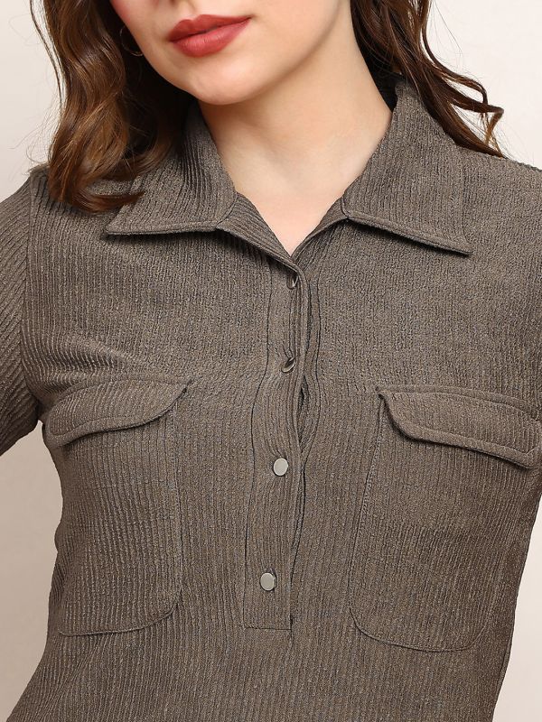 Brown Self-Design Midi Shirt Dress with Collared Neck, Utility Pockets & Side Slits – Perfect for Smart Office & Casual Wear