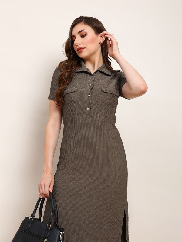 Brown Self-Design Midi Shirt Dress with Collared Neck, Utility Pockets & Side Slits – Perfect for Smart Office & Casual Wear