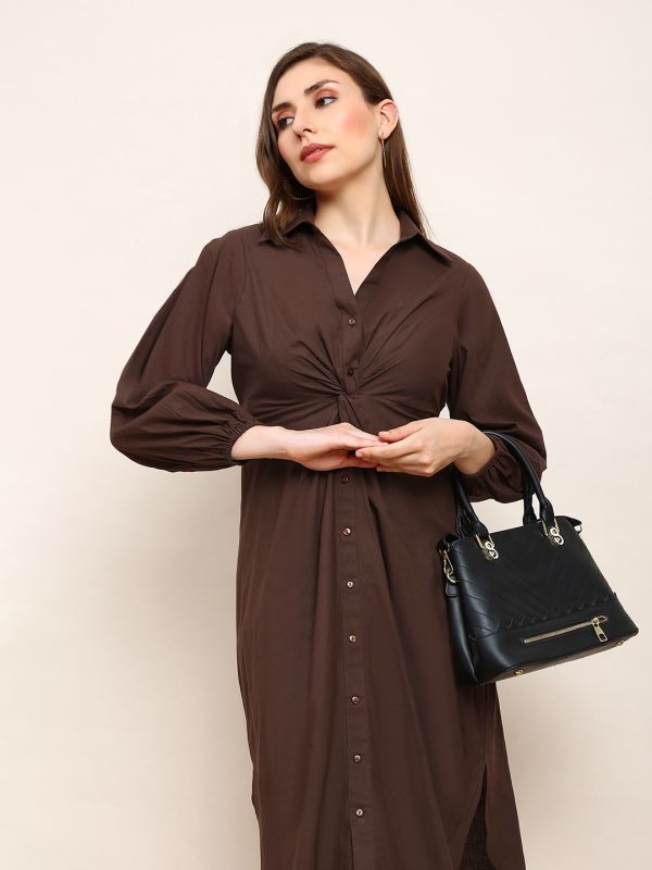 Chic Brown Midi Shirt Dress with Collared Neck, Bishop Sleeves & Front Twist Knot – Elegant Curved Hem Workwear Style