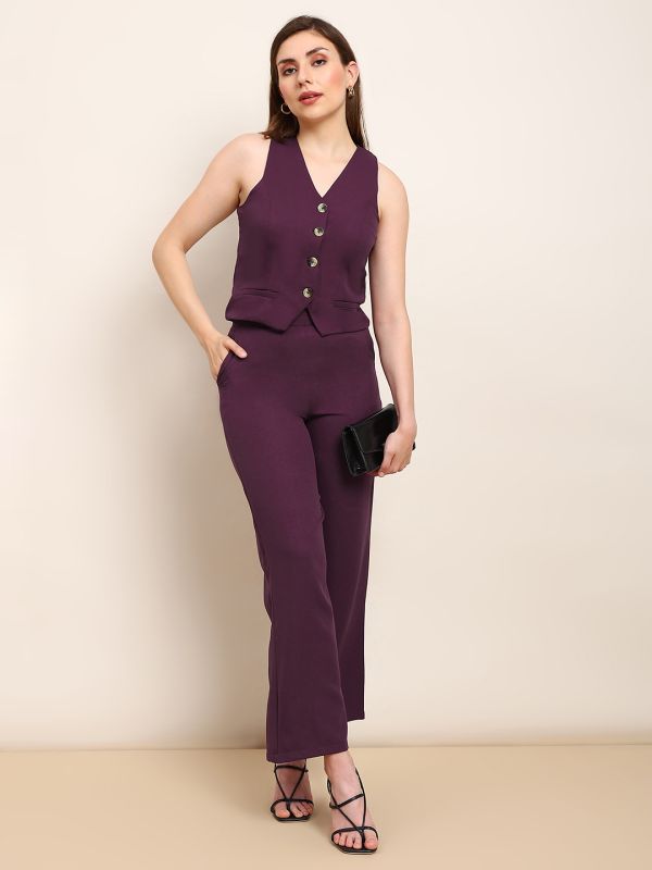 Burgundy V-Neck Waistcoat & Trouser Co-ord Set with Front Pocket Detail – Elegant Solid Workwear Ensemble