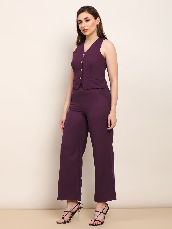 Burgundy V-Neck Waistcoat & Trouser Co-ord Set with Front Pocket Detail – Elegant Solid Workwear Ensemble