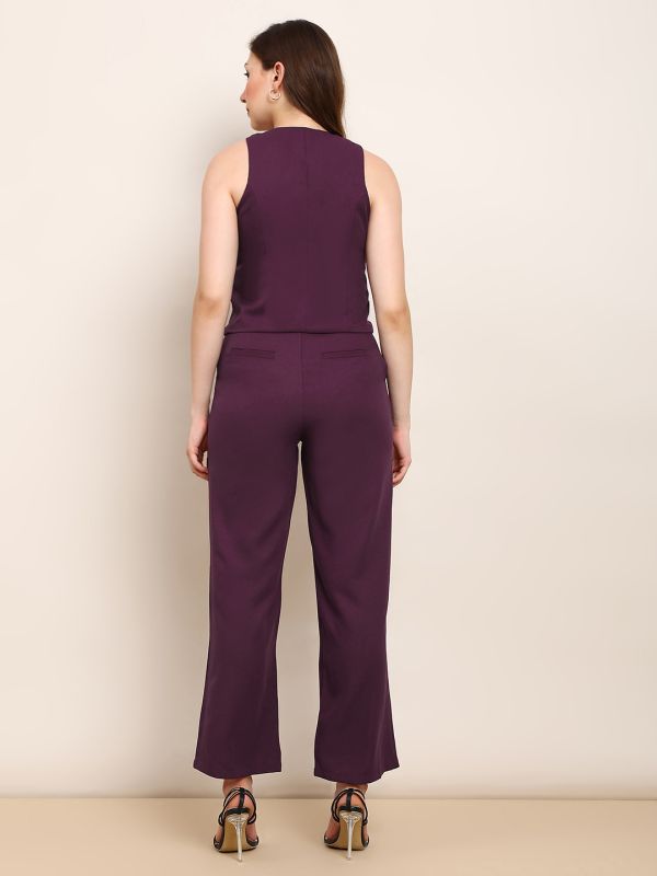 Burgundy V-Neck Waistcoat & Trouser Co-ord Set with Front Pocket Detail – Elegant Solid Workwear Ensemble