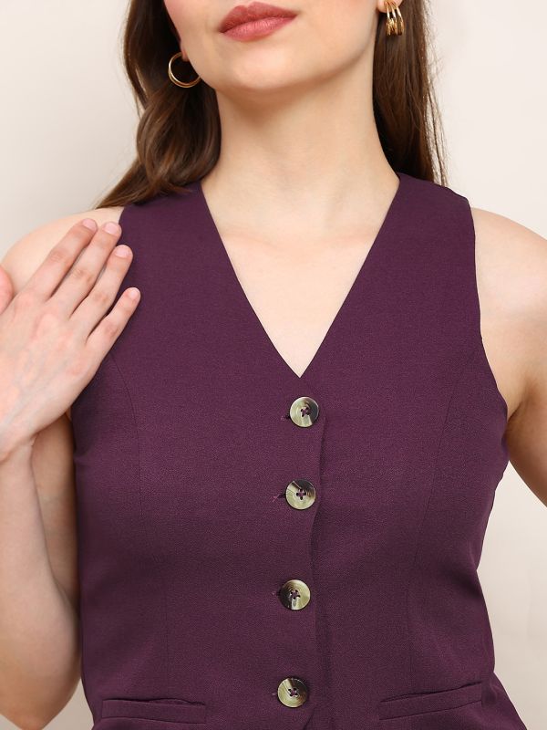 Burgundy V-Neck Waistcoat & Trouser Co-ord Set with Front Pocket Detail – Elegant Solid Workwear Ensemble