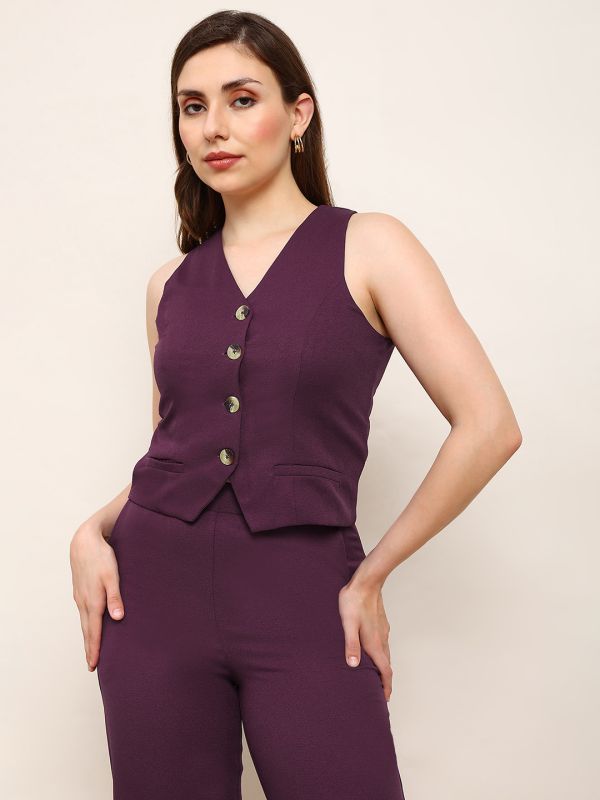 Burgundy V-Neck Waistcoat & Trouser Co-ord Set with Front Pocket Detail – Elegant Solid Workwear Ensemble