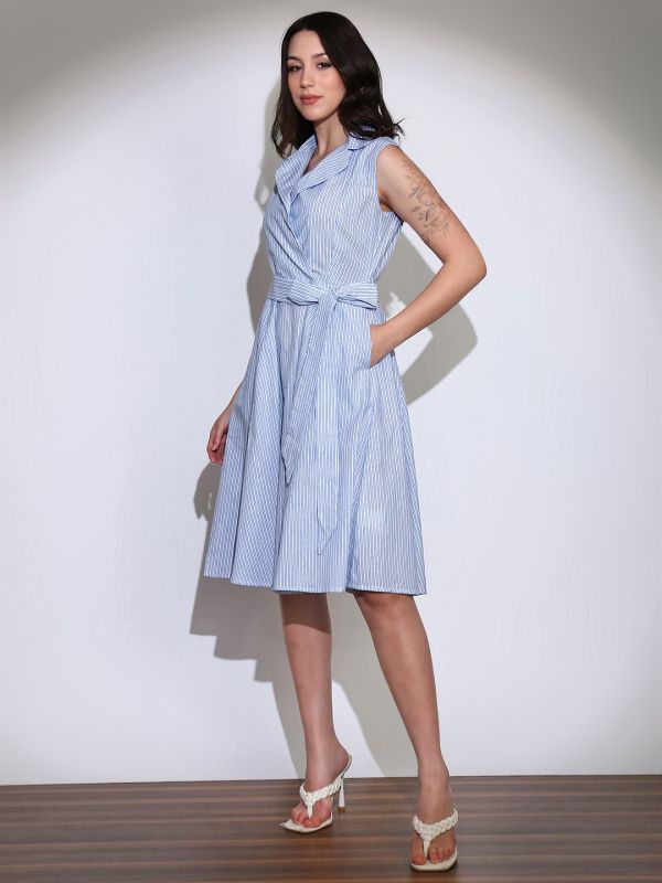 Elegant Black Striped Belted Midi Dress with Notch Lapel Collar – Perfect for Workwear & Semi-Formal Occasions