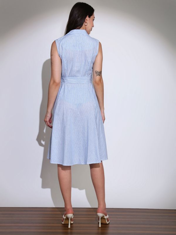 Elegant Black Striped Belted Midi Dress with Notch Lapel Collar – Perfect for Workwear & Semi-Formal Occasions