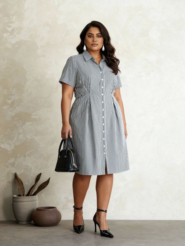 Classic Black Striped Fit & Flare Midi Shirt Dress with Collared Neck and Pleated Detailing – Perfect for Smart Workwear