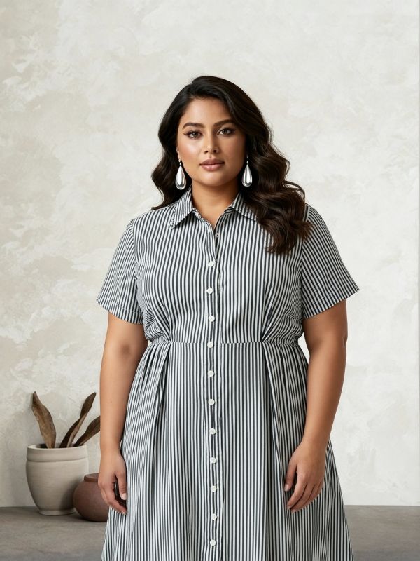 Classic Black Striped Fit & Flare Midi Shirt Dress with Collared Neck and Pleated Detailing – Perfect for Smart Workwear