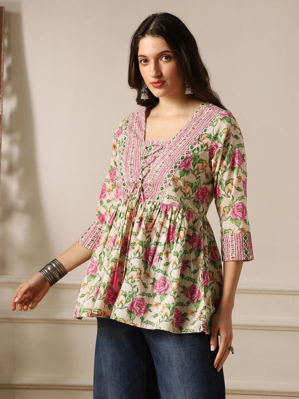 Pink Floral Print Gathered Tunic with V-Neck & Tie-Up Tassel Detail – Elegant Everyday Fusion Wear for Women
