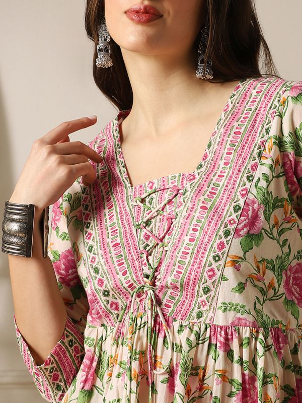 Pink Floral Print Gathered Tunic with V-Neck & Tie-Up Tassel Detail – Elegant Everyday Fusion Wear for Women