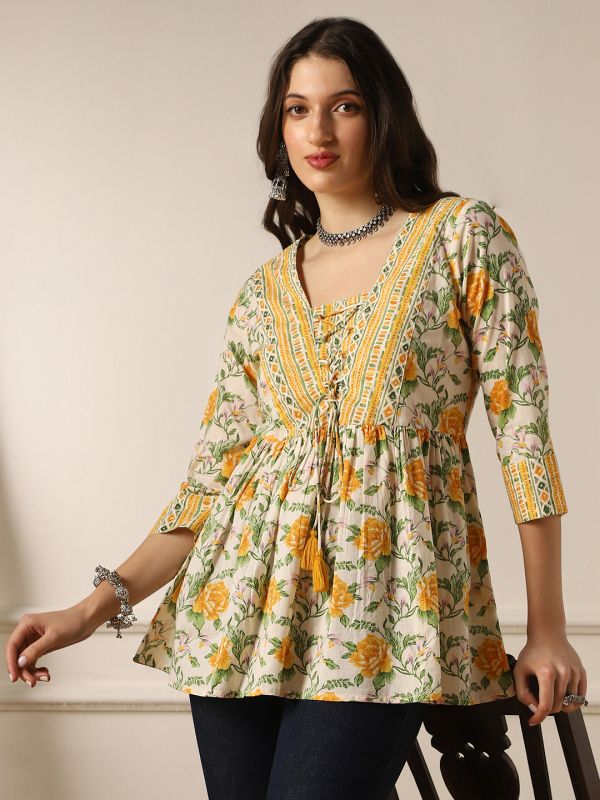 Yellow Floral Print Gathered Tunic with V-Neck & Tie-Up Tassel Detailing – Breezy Everyday Fusion Wear