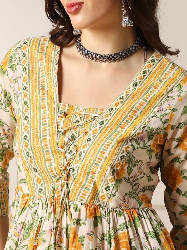 Yellow Floral Print Gathered Tunic with V-Neck & Tie-Up Tassel Detailing – Breezy Everyday Fusion Wear