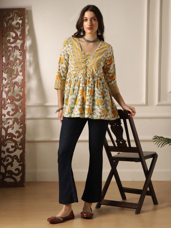 Yellow Floral Print Gathered Tunic with V-Neck & Tie-Up Tassel Detailing – Breezy Everyday Fusion Wear