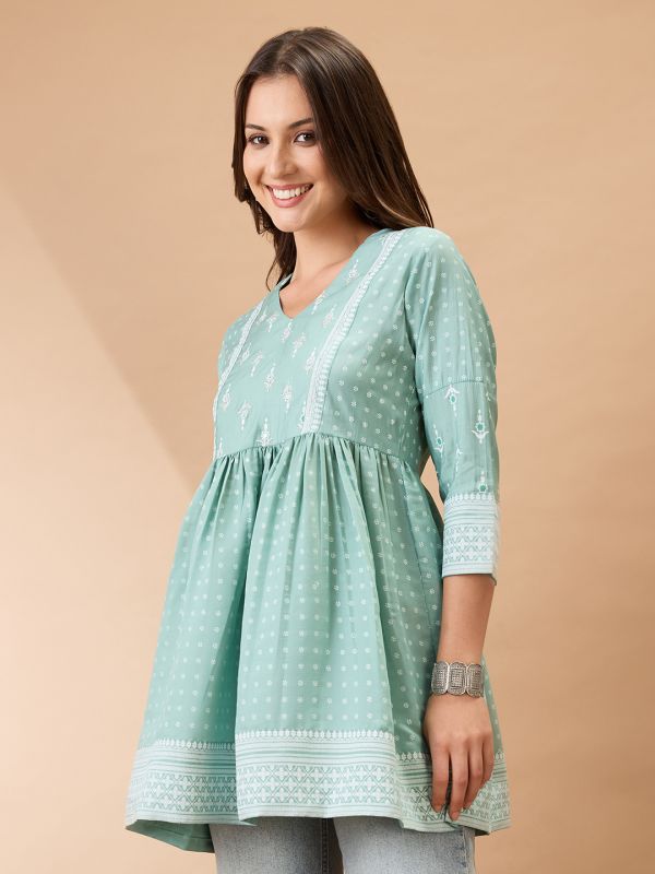Green Ethnic Print Gathered Tunic with V-Neck & Sequinned Detailing – Elegant Festive Fusion Wear for Women