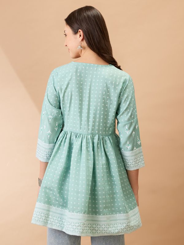 Green Ethnic Print Gathered Tunic with V-Neck & Sequinned Detailing – Elegant Festive Fusion Wear for Women