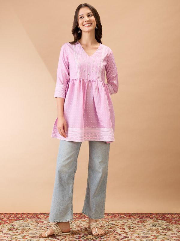 Pink Ethnic Print Gathered Tunic with V-Neck & Sequinned Detailing – Elegant Festive Fusion Wear for Women
