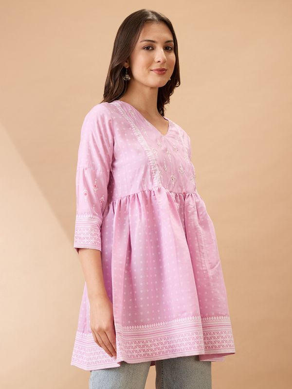 Pink Ethnic Print Gathered Tunic with V-Neck & Sequinned Detailing – Elegant Festive Fusion Wear for Women