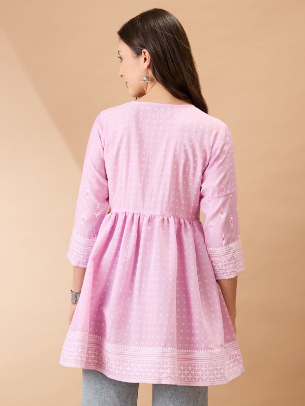 Pink Ethnic Print Gathered Tunic with V-Neck & Sequinned Detailing – Elegant Festive Fusion Wear for Women