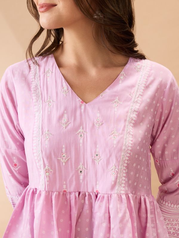 Pink Ethnic Print Gathered Tunic with V-Neck & Sequinned Detailing – Elegant Festive Fusion Wear for Women
