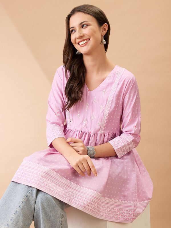 Pink Ethnic Print Gathered Tunic with V-Neck & Sequinned Detailing – Elegant Festive Fusion Wear for Women