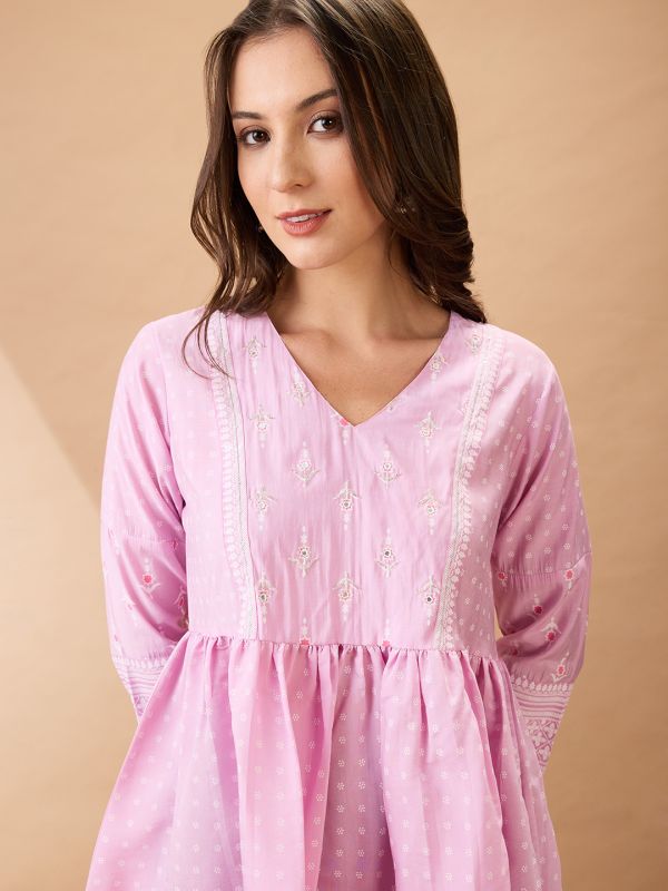 Pink Ethnic Print Gathered Tunic with V-Neck & Sequinned Detailing – Elegant Festive Fusion Wear for Women