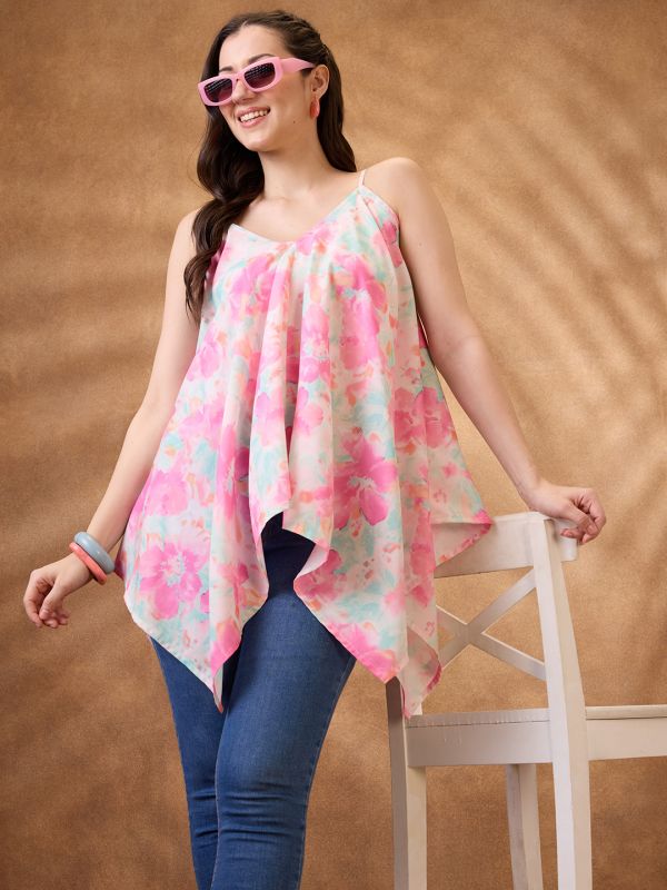 Pink Floral Print Asymmetric Hem Fusion Tunic with V-Neck & Strappy Shoulders – Elegant Contemporary Indo-Western Wear