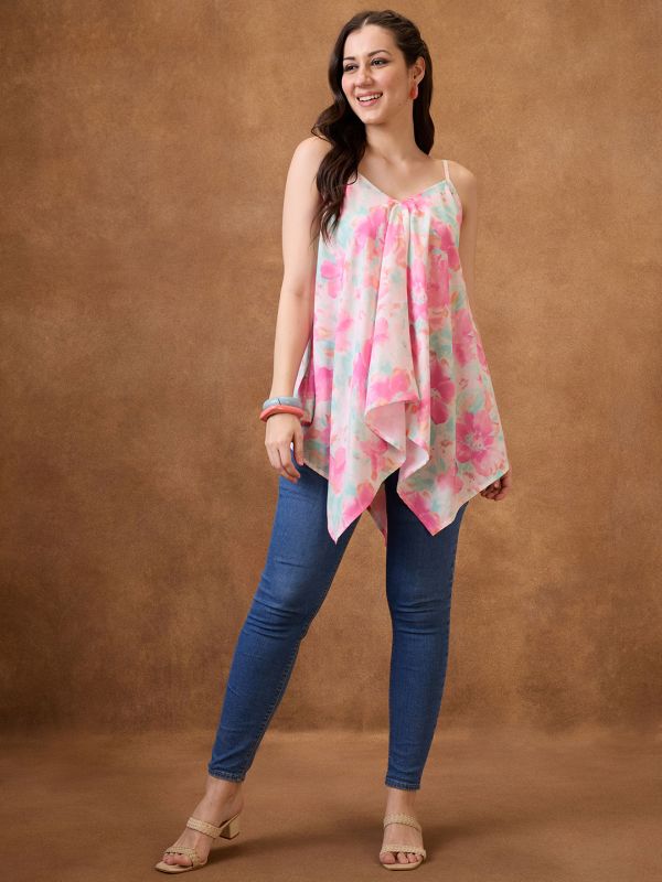 Pink Floral Print Asymmetric Hem Fusion Tunic with V-Neck & Strappy Shoulders – Elegant Contemporary Indo-Western Wear