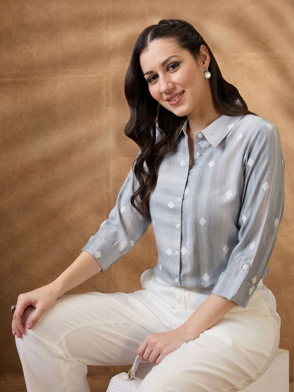 Grey Geometric Woven Design Shirt-Style Tunic with Collared Neck & Roll-Up Sleeves – Smart Office & Casual Workwear