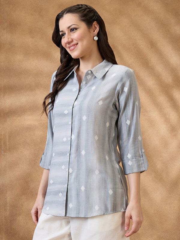 Grey Geometric Woven Design Shirt-Style Tunic with Collared Neck & Roll-Up Sleeves – Smart Office & Casual Workwear