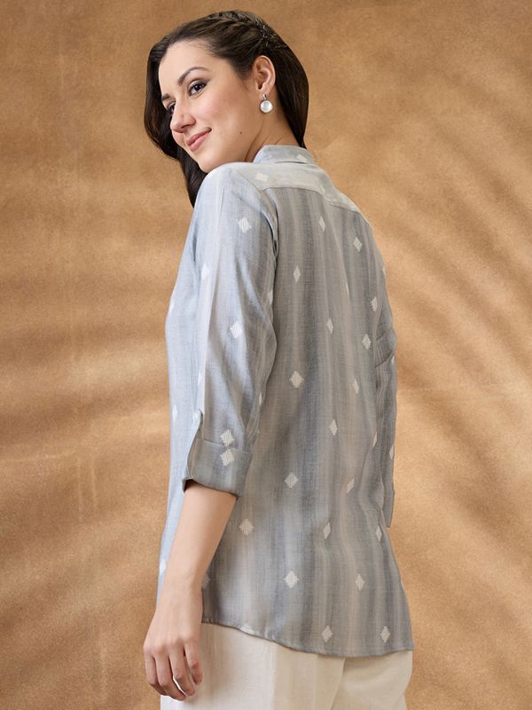 Grey Geometric Woven Design Shirt-Style Tunic with Collared Neck & Roll-Up Sleeves – Smart Office & Casual Workwear