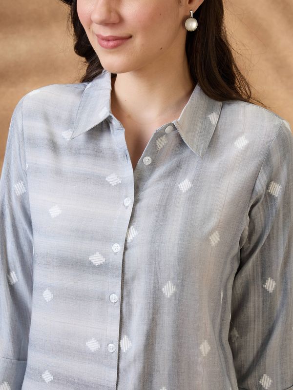 Grey Geometric Woven Design Shirt-Style Tunic with Collared Neck & Roll-Up Sleeves – Smart Office & Casual Workwear