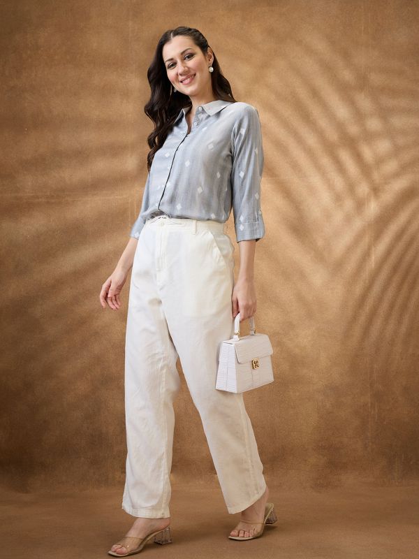 Grey Geometric Woven Design Shirt-Style Tunic with Collared Neck & Roll-Up Sleeves – Smart Office & Casual Workwear