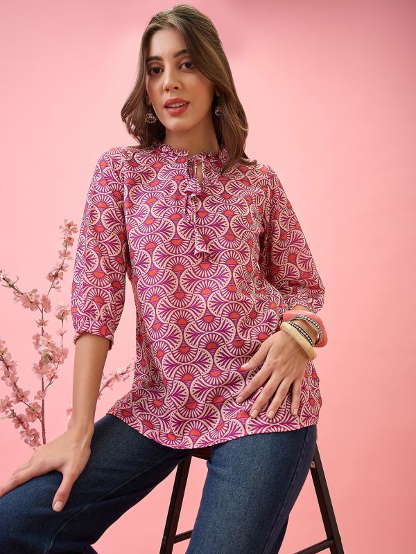 Pink Ethnic Print Workwear Tunic with Frilled Tie-Up Neck & Curved Hem – Elegant Everyday Fusion Wear for Women