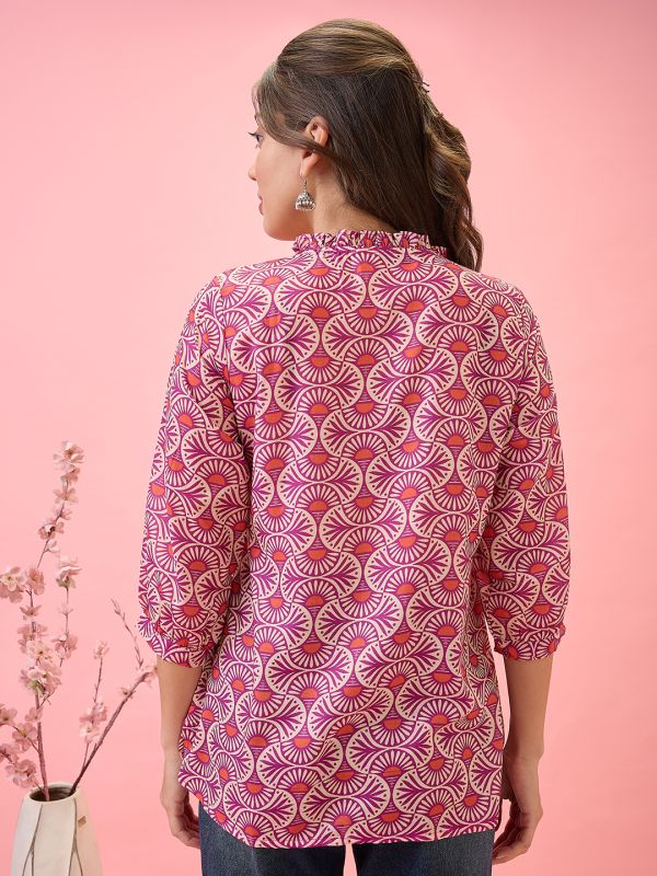 Pink Ethnic Print Workwear Tunic with Frilled Tie-Up Neck & Curved Hem – Elegant Everyday Fusion Wear for Women