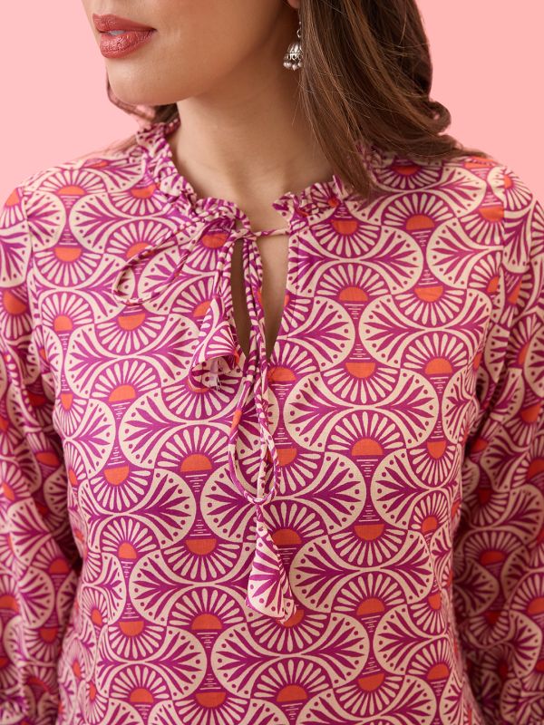 Pink Ethnic Print Workwear Tunic with Frilled Tie-Up Neck & Curved Hem – Elegant Everyday Fusion Wear for Women