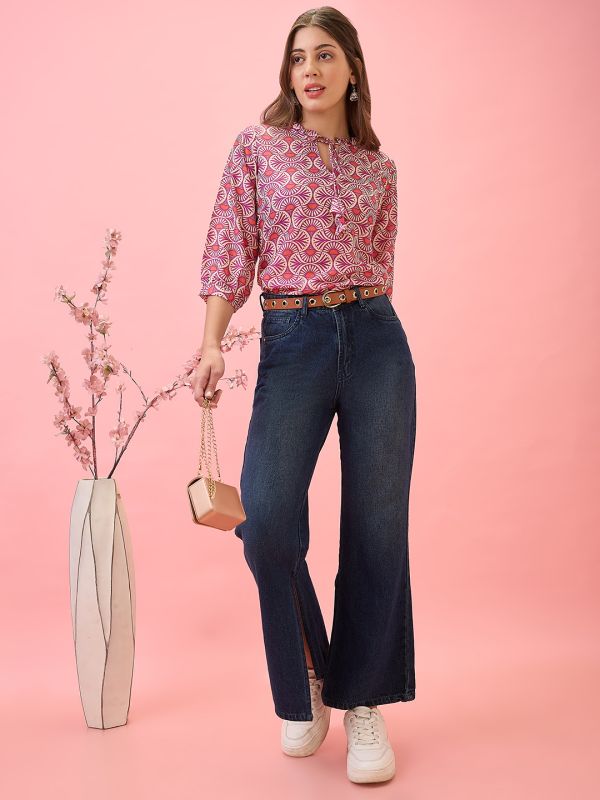 Pink Ethnic Print Workwear Tunic with Frilled Tie-Up Neck & Curved Hem – Elegant Everyday Fusion Wear for Women