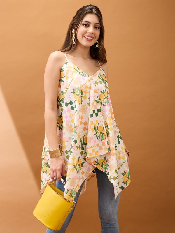 Off-White Floral & Fruit Print Asymmetric Hem Fusion Tunic with V-Neck & Strappy Shoulders – Contemporary Indo-Western Wear