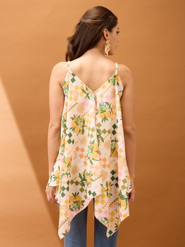 Off-White Floral & Fruit Print Asymmetric Hem Fusion Tunic with V-Neck & Strappy Shoulders – Contemporary Indo-Western Wear