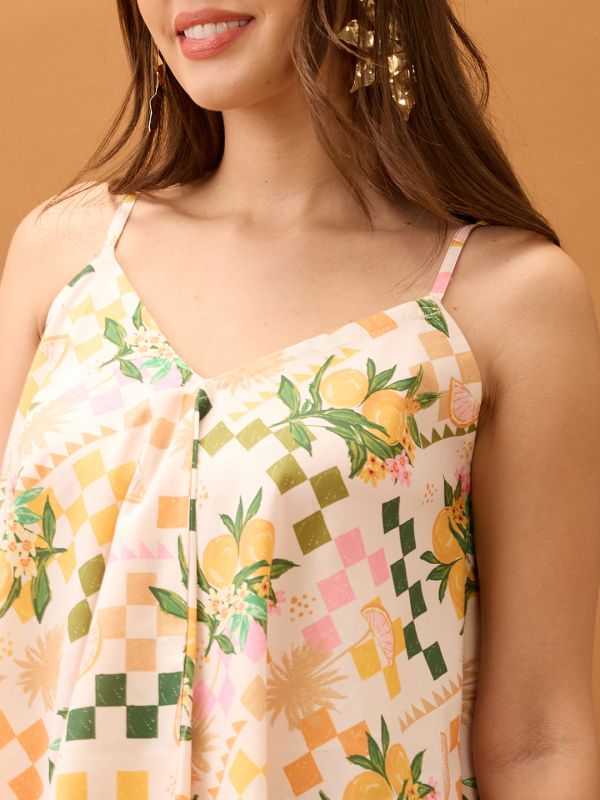 Off-White Floral & Fruit Print Asymmetric Hem Fusion Tunic with V-Neck & Strappy Shoulders – Contemporary Indo-Western Wear