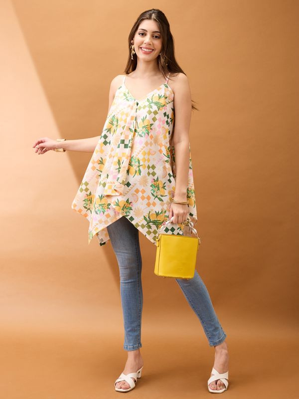 Off-White Floral & Fruit Print Asymmetric Hem Fusion Tunic with V-Neck & Strappy Shoulders – Contemporary Indo-Western Wear