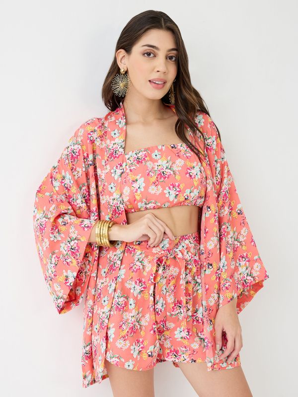 Peach Floral Print 3-Piece Co-Ord Set with Strappy Crop Top, Shorts & Kimono Shrug – Perfect for Resort & Vacation Wear