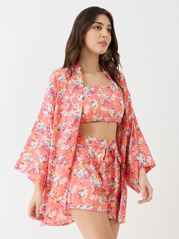 Peach Floral Print 3-Piece Co-Ord Set with Strappy Crop Top, Shorts & Kimono Shrug – Perfect for Resort & Vacation Wear