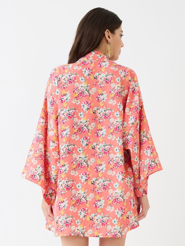 Peach Floral Print 3-Piece Co-Ord Set with Strappy Crop Top, Shorts & Kimono Shrug – Perfect for Resort & Vacation Wear