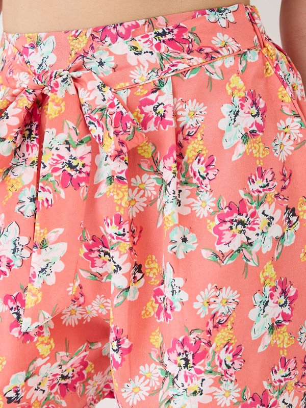 Peach Floral Print 3-Piece Co-Ord Set with Strappy Crop Top, Shorts & Kimono Shrug – Perfect for Resort & Vacation Wear