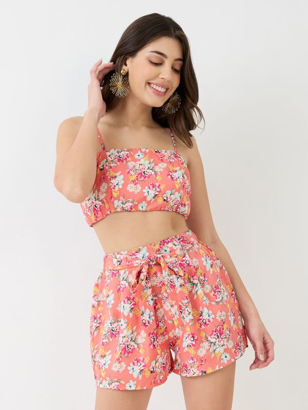 Peach Floral Print 3-Piece Co-Ord Set with Strappy Crop Top, Shorts & Kimono Shrug – Perfect for Resort & Vacation Wear