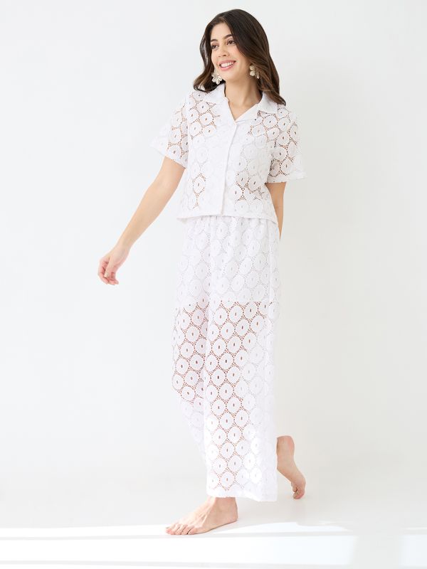 Black Crochet Co-Ord Set with Notched Lapel Short-Sleeve Shirt & Wide-Leg Trousers – Elegant Resort & Brunch Ensemble