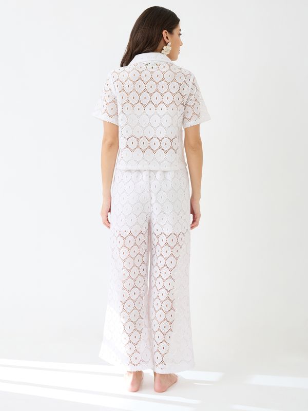Black Crochet Co-Ord Set with Notched Lapel Short-Sleeve Shirt & Wide-Leg Trousers – Elegant Resort & Brunch Ensemble