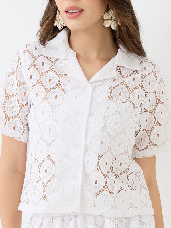 Black Crochet Co-Ord Set with Notched Lapel Short-Sleeve Shirt & Wide-Leg Trousers – Elegant Resort & Brunch Ensemble