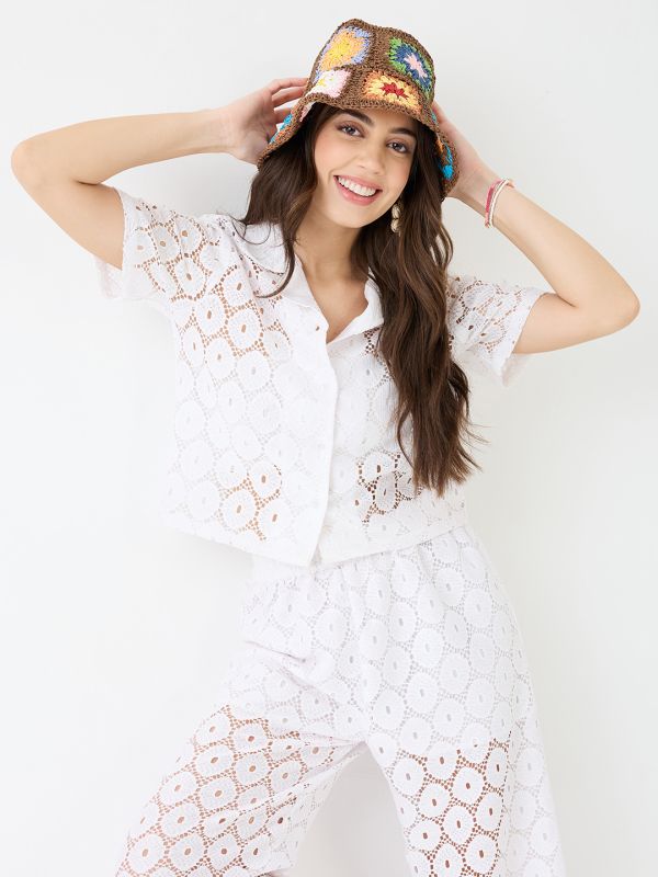 Black Crochet Co-Ord Set with Notched Lapel Short-Sleeve Shirt & Wide-Leg Trousers – Elegant Resort & Brunch Ensemble