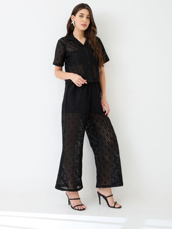 Black Crochet Co-Ord Set with Notched Lapel Short-Sleeve Shirt & Wide-Leg Trousers – Elegant Resort & Brunch Ensemble